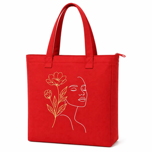 Bolsa de Compras de Lona Roja de 300 g/m², Estilo Bohemio Vintage, con Cierre de Cremallera, de Algodón, 14x12x3, con Logotipo Personalizado, Ecológica y Reutilizable - Product Image 1