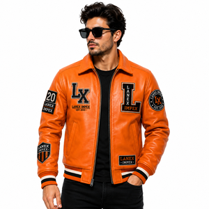 Custom Orange Leather Varsity Jacket for Men Premium Letterman Bomber Jacket with Embroidered Chenille Patches OEM ODM Supplier - Product Image 1