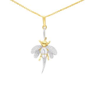 จี้รูปตัวต่อแบบสองสีประดับเพชรและมุก ทอง 10K รูปทรงแมลง ฝังแบบ Claw Set - Product Image 3