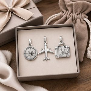 Custom Classic Gold & Rhodium Plated Stainless Steel Airplane <b>Suitcase</b> Compass Travel Charm - Product Image 4