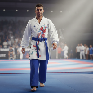 Uniforme de Artes Marciales Personalizado de Corte Regular con Cinturón Azul y Bordado Floral para Taekwondo, Karate, Kung Fu - Product Image 3