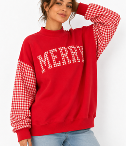 Sudadera navideña de cuello redondo para mujer, venta al por mayor del fabricante, con aplique de letras personalizado, hombros caídos, top oversize, 100% algodón. - Product Image 4