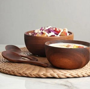 Bol à salade rustique en bois d'acacia fait main – Décoration de cuisine style ferme – Bol de service rustique en bois d'acacia fait main – Saladier en bois style ferme - Product Image 2
