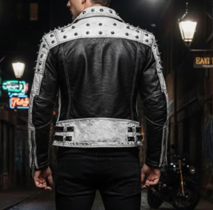Blouson de motard en cuir clouté gris délavé personnalisé pour homme, manches noires, clous métalliques, style gothique punk rock, streetwear - Product Image 5