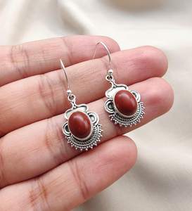 Boucles d'oreilles pendantes en jaspe rouge naturel et argent sterling 925 de haute qualité, bijoux tribaux bohèmes pour femmes, vente en gros OEM - Product Image 4