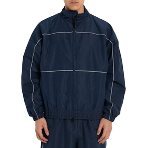 Men's Navy Blue Sporty <b>Track</b> <b>Jacket</b> White Stitching Full Zip Hooded Collar Breathable Knitted Polyester/Nylon Winter Wear - Product Image 1