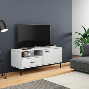 Mueble de TV Estándar de Madera de Pino Macizo Blanco y Metal para Sala de Estar - Product Image 1