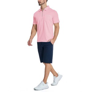 Men's Pink Short Sleeve Zipper <b>Collar</b> Polo <b>Shirt</b> Casual Knitted Solid Color Top - Product Image 2