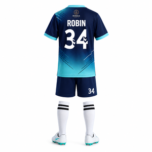 Kids Navy Blue Sky Blue White Custom Soccer Uniform Kit Jersey Shorts <b>Socks</b> Set Sublimated Youth Teamwear OEM Premium Fit - Product Image 1