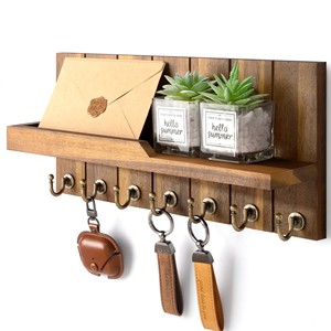 Jatoba Wood <b>Key</b> Holder with Shelf - Handcrafted Brass Hooks Wholesale - Product Image 1