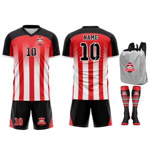 Uniforme de football personnalisé OEM à col en V, sublimé, fabriqué avec un tissu polyester respirant à séchage rapide sans couture, incluant des chaussettes et un sac - Product Image 1