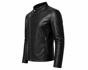 Veste en cuir véritable noire pour homme de haute qualité, coupe ajustée, col montant, fermeture éclair, style motard, pour l'automne - Product Image 2