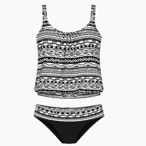 Conjunto de tankini con estampado geométrico premium, top corto cruzado tipo halter, tela elástica de spandex y poliéster, traje de baño tankini para mujer, gran venta OEM. - Product Image 5