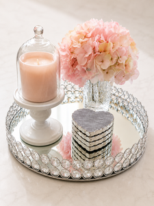 Round Crystal <b>Mirror</b> Decorative <b>Tray</b> <b>Silver</b> Serving Plate for Coffee Table Floral Hollywood Glam Style - Product Image 3