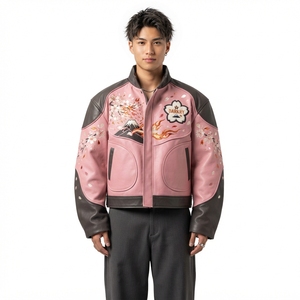 Men's <b>Pink</b> Leather Bomber <b>Jacket</b> With Cherry Blossom Embroidery And Mount Fuji Design Spring Japan Style Turn-down Collar Zipper - Product Image 1
