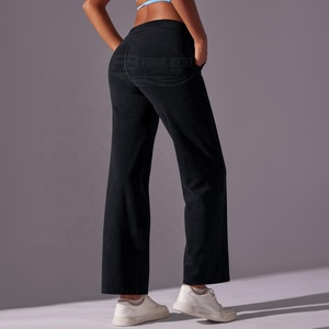 Pantalon de yoga pour femme, taille haute, côtelé, évasé, longueur cheville, avec poches, taille élastique, couleur unie, polyester/coton, respirant - Product Image 4
