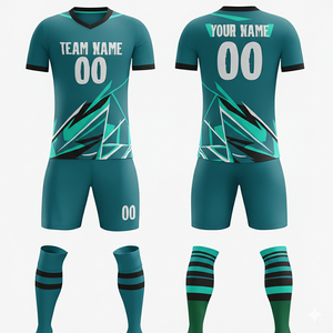 ชุดฟุตบอลแบบ sublimated สั่งทำ OEM ลายพิมพ์เรขาคณิต สีน้ำเงินขาว คอวี แขนสั้น ผ้าโพลีเอสเตอร์ระบายอากาศ ชุดยูนิฟอร์มสำหรับผู้ใหญ่ แบบ unisex - Product Image 5