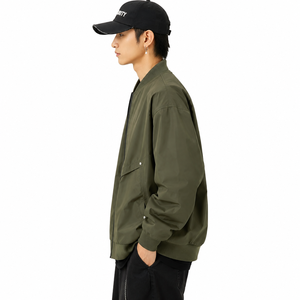 Blouson bomber vert olive pour homme, fermeture éclair, col montant, coupe-vent décontracté en polyester, vêtement d'extérieur pour l'automne - Product Image 3