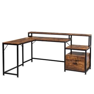 FCH Retro Wood Grain Triamine Surface <b>File</b> <b>Drawer</b> Cabinet L-Shaped Black Iron Pipe 2*USB Port 2*Three Computer Desks - Product Image 2