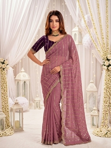 <b>Purple</b> Georgette Silk <b>Saree</b> Sequin Embroidered Traditional Indian Wear for Wedding Party Women Sun Protection All Seasons - Product Image 5