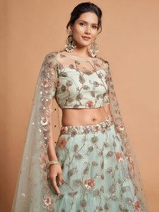 Indian Wedding Lehenga Choli <b>Net</b> Sequence Embroidery Floral Two Piece <b>Dress</b> for Women - Product Image 5