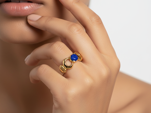 Gold Plated Brass <b>Lapis</b> <b>Lazuli</b> Round Stone Geometric Fashion <b>Ring</b> for Women's Wedding Party Gift Jewelry - Product Image 3