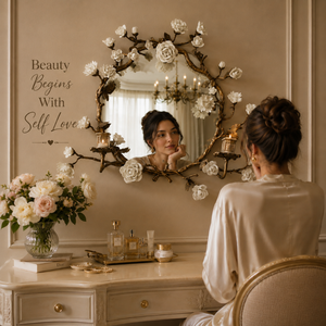 Luxury Floral Metal <b>Wall</b> <b>Mirror</b> with White Rose Accents Vintage Decorative | Round <b>Mirror</b> Elegant Handmade Home Decor Art Piece - Product Image 3