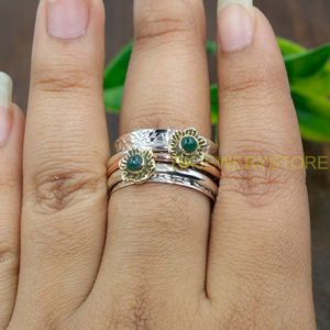 Natural Green Onyx <b>Spinner</b> Ring | 925 Sterling Silver Handmade Hammered <b>Fidget</b> Ring with Brass & Copper | Thumb Ring Jewelry - Product Image 3