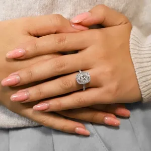 Moissanite Engagement <b>Ring</b> 925 Sterling Silver Cushion Cut Halo <b>Ring</b> Split Shank Wedding <b>Ring</b> for Women - Product Image 1
