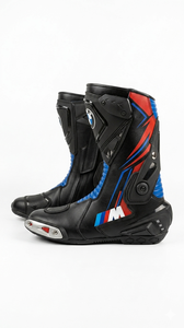 Bottes de moto pour homme, noires, rouges, bleues, mi-mollet, fermeture éclair, cuir véritable, résistantes à l'abrasion, semelle extérieure en caoutchouc, semelle intermédiaire en EVA - Product Image 1