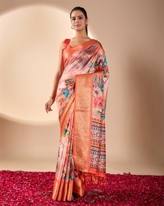 Sari en lin et coton à imprimé floral rose, imprimé numérique, robe moderne pour femme, pour mariage, fête, tenue décontractée - Product Image 1