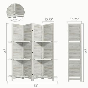 4-Panel 67\" Tall Distressed White Wood Privacy <b>Screen</b> Room Divider 3 Shelves <b>Folding</b> Storage for Bedroom Traditional Design - Product Image 3