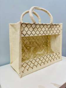 Venta al por mayor Mini yute bolsa de compras Ventana de PVC transparente de calidad superior logotipo personalizado cremallera duradera elegante moda señora comestibles - Product Image 2