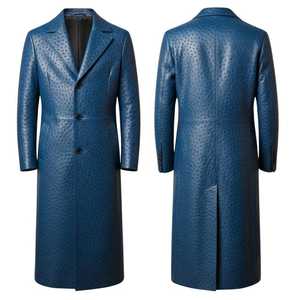 Manteau long élégant bleu en cuir de vachette gaufré effet autruche, col rabattu, artisanat de qualité supérieure, motif tendance, look décontracté, best-seller - Product Image 4