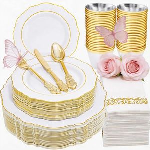 Set di Stoviglie Monouso in Plastica Dorata WDF Partyware da 350 Pezzi per 50 Ospiti, Piatti Eleganti per Feste e Cene - Product Image 1