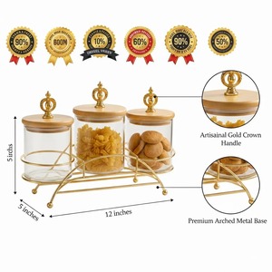 Ensemble de pots en verre chocolat style victorien avec support en métal doré pour le rangement de la cuisine, la présentation de bonbons et de fruits secs, et la décoration de table à manger - Product Image 4