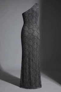 Robe de soirée sirène noire à sequins faite à la main avec fente haute, robe de tapis rouge asymétrique, fournisseur en gros - Product Image 4