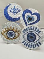 Sous-verres œil porte-bonheur en strass faits main, design perlé glamour, style bohème classique, bleu, blanc, or, en verre, écologiques, tapis décoratifs
