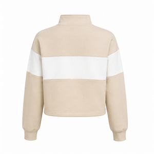 Customize Oat Beige <b>Womens</b> Drop Shoulder <b>Half</b> <b>Zip</b> Cropped <b>Sweatshirt</b> Colorblock Panel Midweight Fleece - Product Image 3