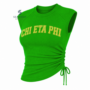 Chi Eta Phi Sorority Women's Bling Rhinestone Ribbed Tank <b>Top</b> Ruched Side Crew Neck <b>Raglan</b> Cap Sleeve Casual Crop <b>Top</b> - Product Image 2