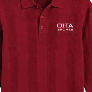Pull polo pour homme rouge rubis à manches longues, design en tricot texturé à rayures verticales, poignets côtelés, pull décontracté de qualité supérieure - Product Image 5