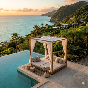 Lit de repos en teck d'extérieur avec rideaux, design rembourré et imperméable pour villa tropicale, lit de salon au bord de la piscine - Mobilier d'extérieur - Product Image 1