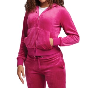 Women's Hooded Zip-Up <b>Velour</b> <b>Sweatshirt</b> Solid Color Full Sleeve Autumn Wear Breathable Polyester Material - Product Image 1