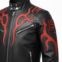 Jaket Motor Kulit Asli Pria Warna Hitam Bordir Api Merah Desain Belakang Kerah Tegak Penutup Ritsleting