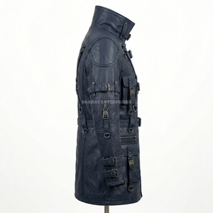 Men Navy Long Leather <b>Jacket</b> Cyberpunk Streetwear <b>Punk</b> Rock Coat Baddie Utility Multi Pocket Outwear Men Outerwear Windproof - Product Image 4