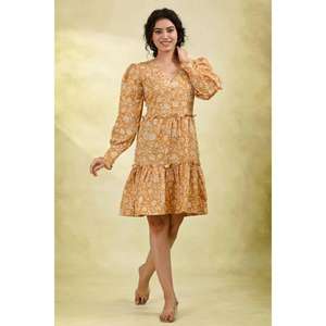 Vestido Midi Floral para Mujer, Color Amarillo Mostaza, Manga Larga, Diseño en Capas, 100% Algodón Ecológico, Cintura Natural, Ligero, para Verano - Product Image 4