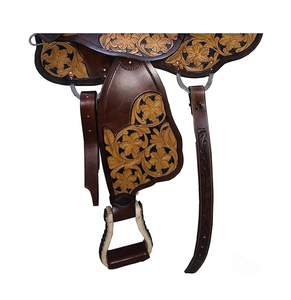 ชุดอุปกรณ์ขี่ม้าแบบตะวันตกสีน้ำตาลลายดอกไม้ของผู้ผลิตชาวอินเดีย ทำจากหนังแกะสลักลายด้วยมือ พร้อมอุปกรณ์เสริมสำหรับการขี่ม้าแบบโรปปิ้ง  รวมถึงโครงไม้สำหรับม้า - Product Image 3