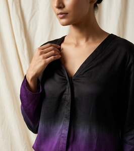 Ensemble Kurta et pantalon pour femme en modal satiné noir et violet dégradé, col en V, coupe décontractée, élégant, décontracté, tenue ethnique - Product Image 3