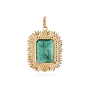 Colgante Hecho a Mano de Oro Amarillo Sólido de 14k con Diamante Baguette Natural y Esmeralda, Joyería Fina al por Mayor - Product Image 3