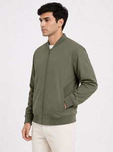 Blouson Bomber Homme Premium Vert Olive Uni en Toile, Coupe-Vent Léger Décontracté Classique avec Fermeture Éclair et Col Montant - Product Image 2